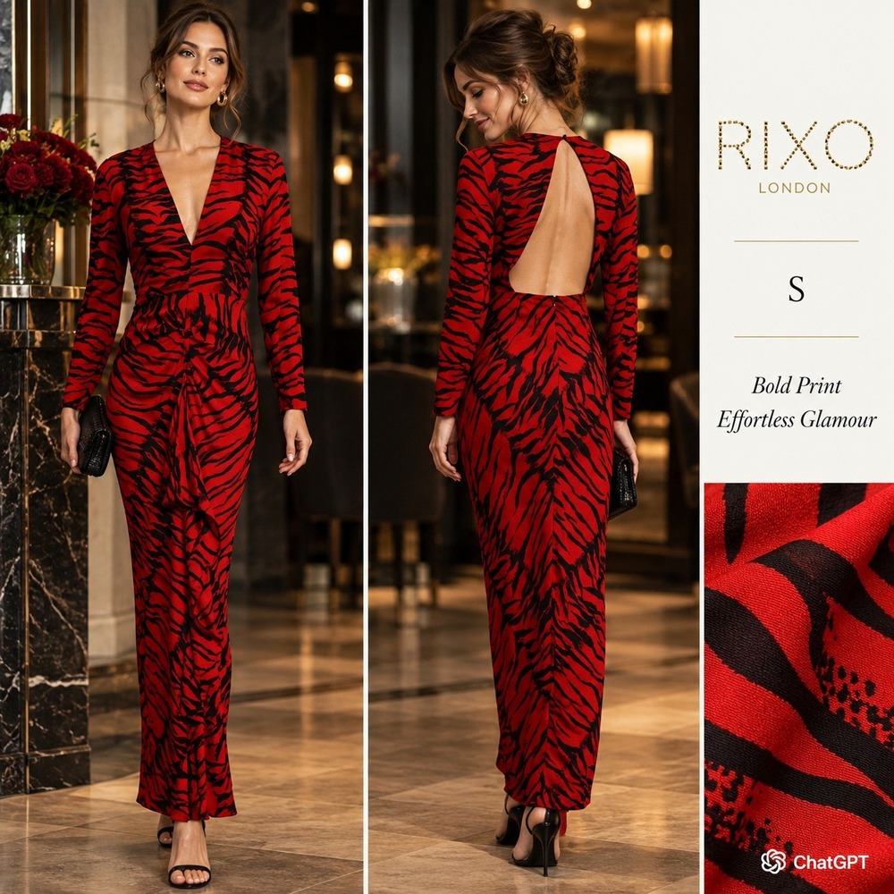 Rixo Adriana Maxi Dress Women S Red Tiger Print Silk Open Back Gown Gala Event